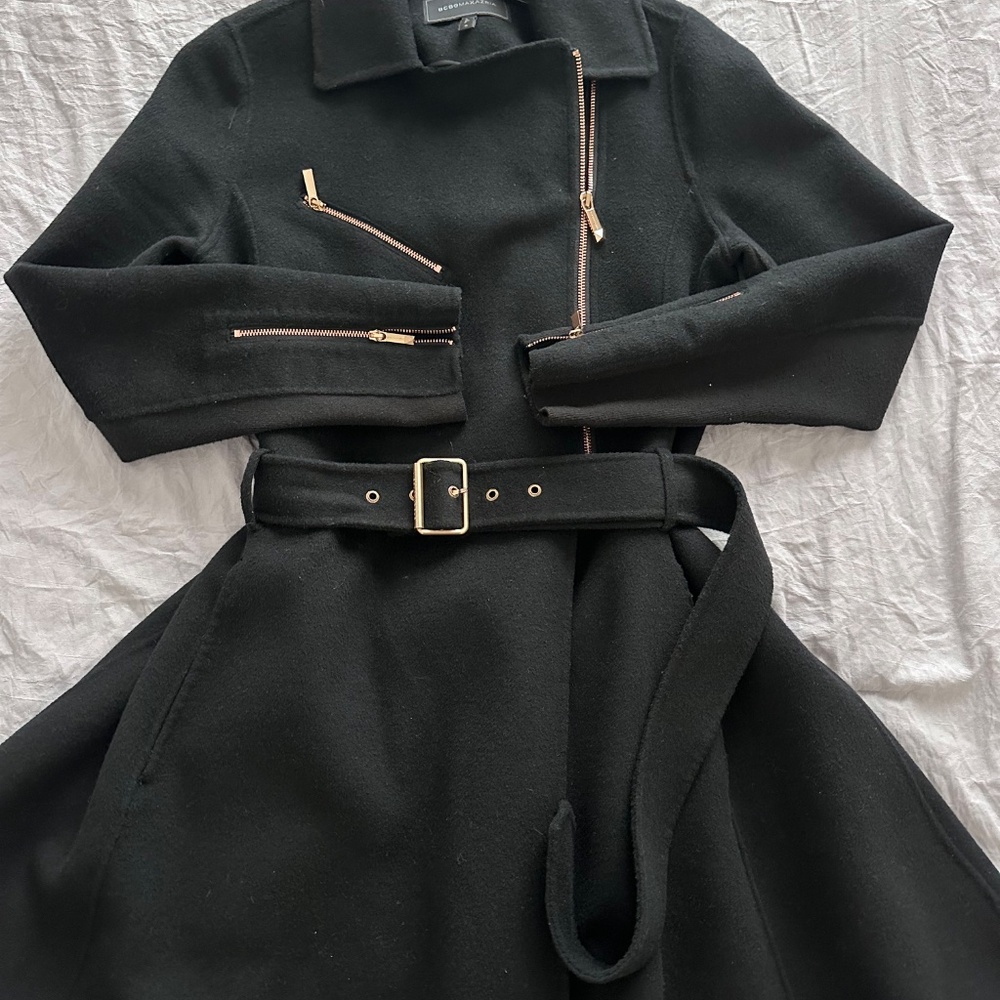 BCBGMaxAzria Women's Belted High Low Wool Blend Coat Black Size Small